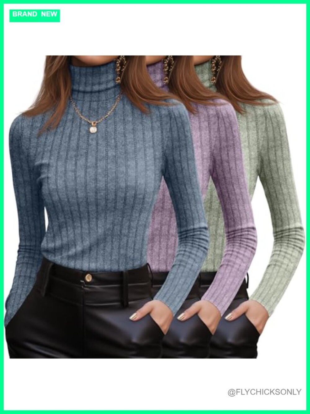 3 Pack Womens Turtleneck Long Sleeve Ribbed Knit Pullover Sweaters
